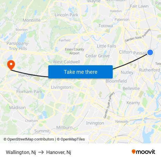 Wallington, Nj to Hanover, Nj map