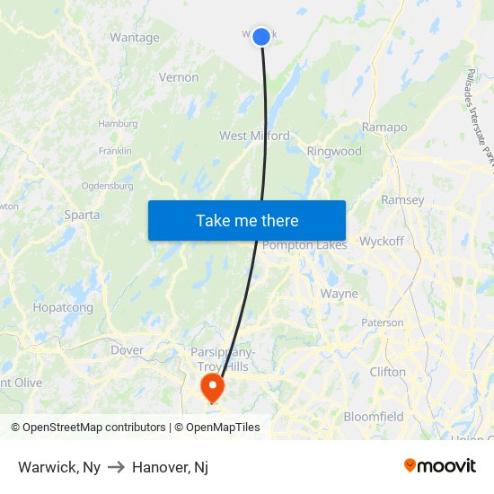 Warwick, Ny to Hanover, Nj map