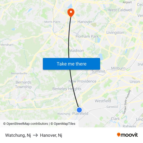 Watchung, Nj to Hanover, Nj map
