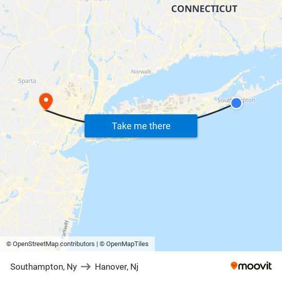 Southampton, Ny to Hanover, Nj map
