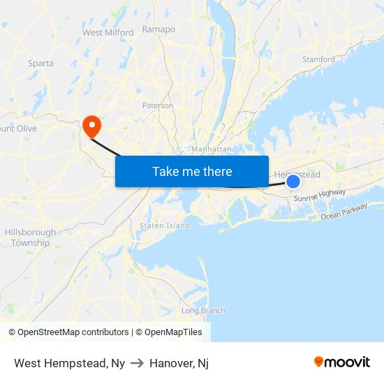 West Hempstead, Ny to Hanover, Nj map