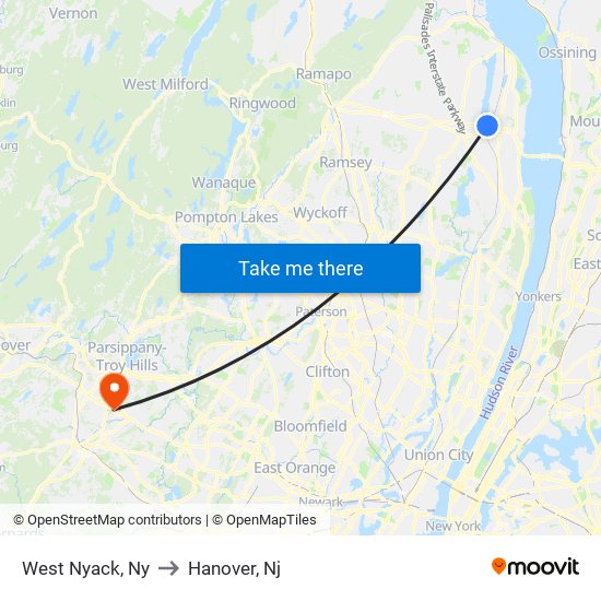 West Nyack, Ny to Hanover, Nj map