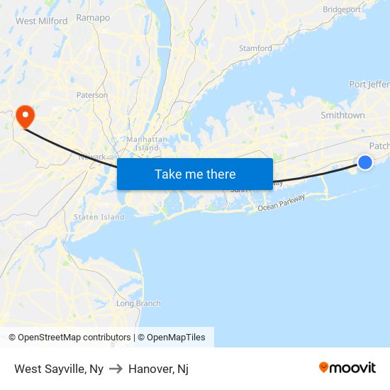 West Sayville, Ny to Hanover, Nj map