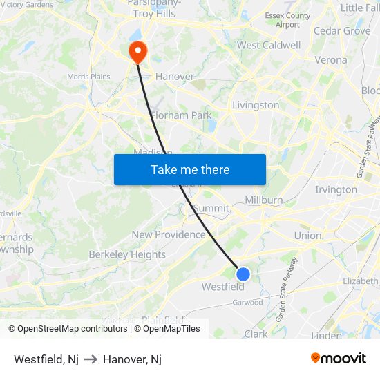 Westfield, Nj to Hanover, Nj map
