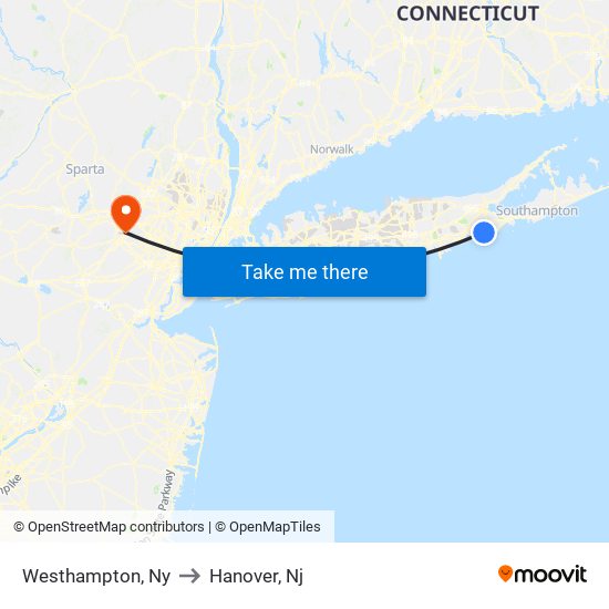 Westhampton, Ny to Hanover, Nj map