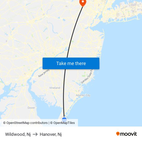 Wildwood, Nj to Hanover, Nj map