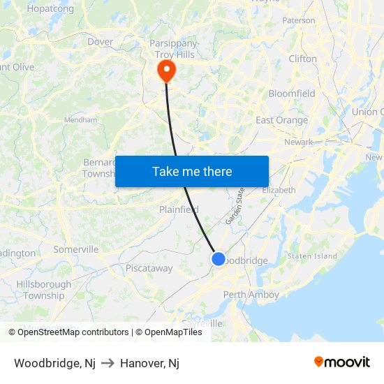 Woodbridge, Nj to Hanover, Nj map