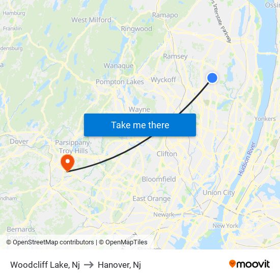 Woodcliff Lake, Nj to Hanover, Nj map