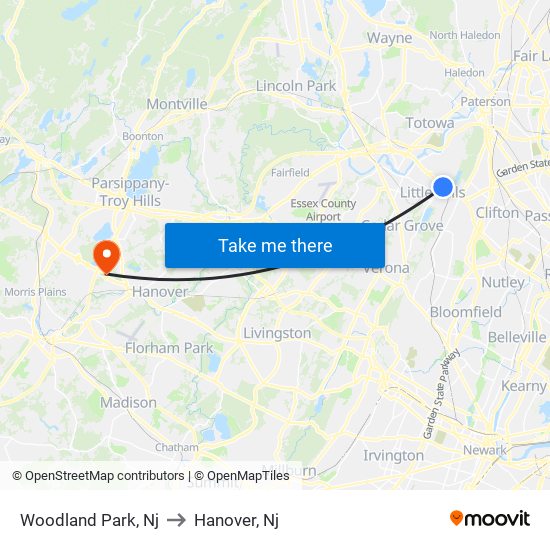 Woodland Park, Nj to Hanover, Nj map