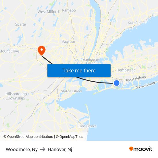 Woodmere, Ny to Hanover, Nj map