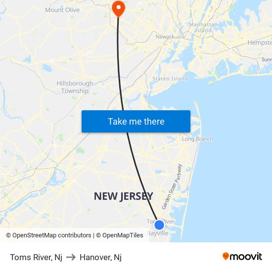 Toms River, Nj to Hanover, Nj map