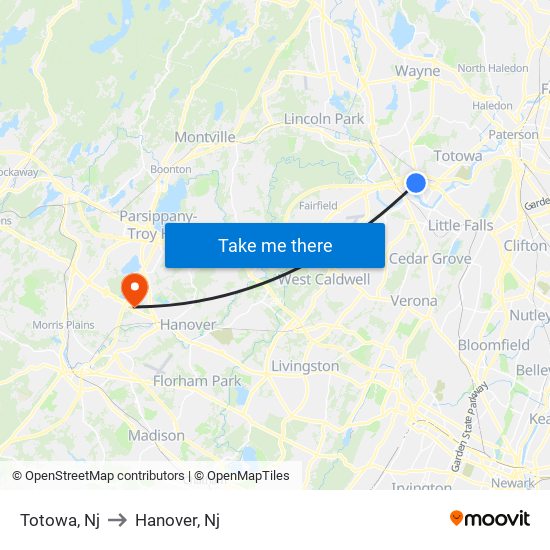 Totowa, Nj to Hanover, Nj map