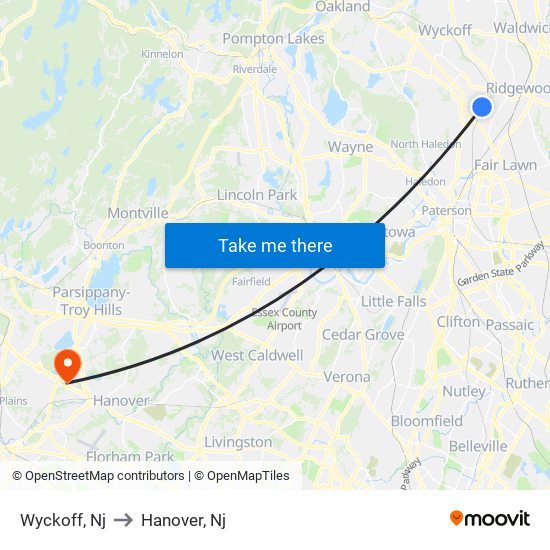 Wyckoff, Nj to Hanover, Nj map