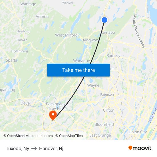 Tuxedo, Ny to Hanover, Nj map