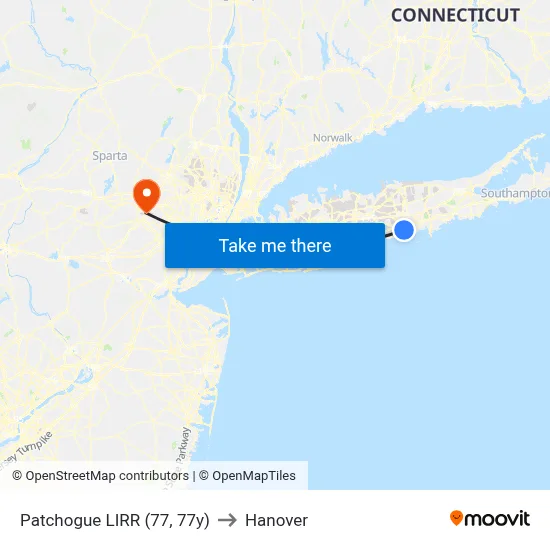 Patchogue LIRR (77, 77y) to Hanover map