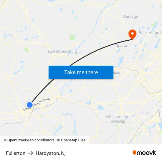 Fullerton to Hardyston, Nj map