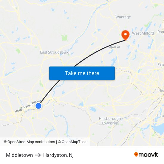 Middletown to Hardyston, Nj map