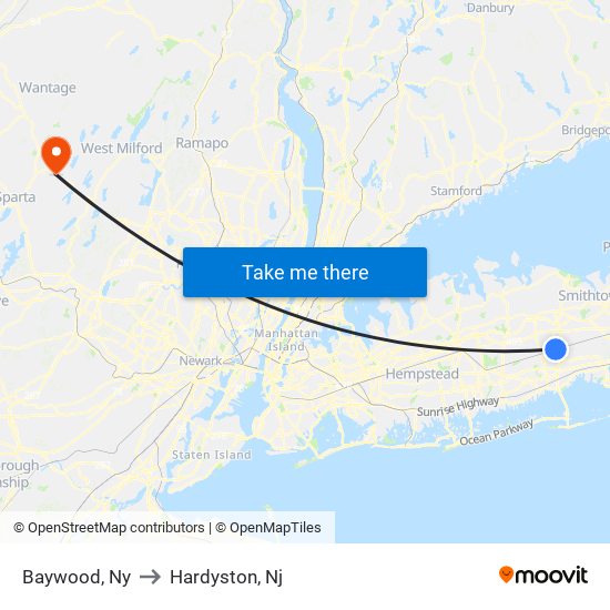 Baywood, Ny to Hardyston, Nj map