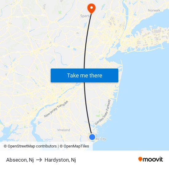 Absecon, Nj to Hardyston, Nj map