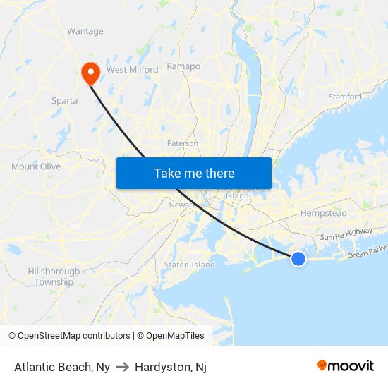 Atlantic Beach, Ny to Hardyston, Nj map