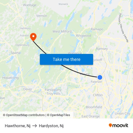 Hawthorne, Nj to Hardyston, Nj map