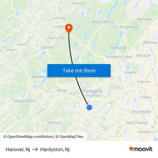 Hanover, Nj to Hardyston, Nj map