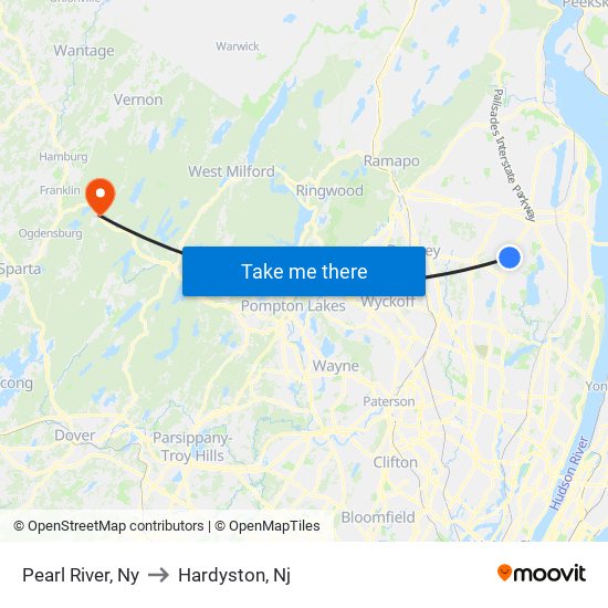 Pearl River, Ny to Hardyston, Nj map