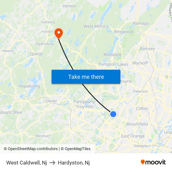 West Caldwell, Nj to Hardyston, Nj map