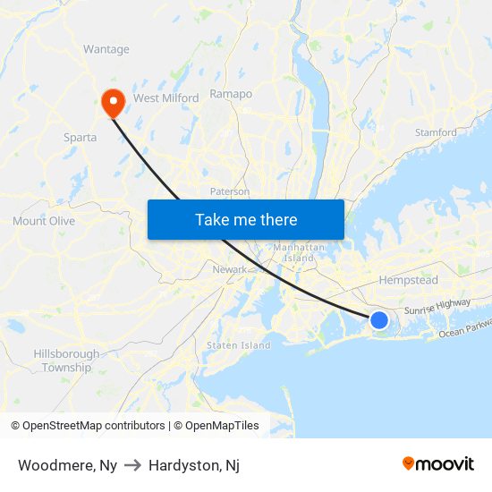 Woodmere, Ny to Hardyston, Nj map