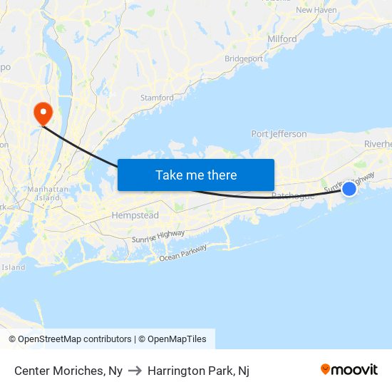 Center Moriches, Ny to Harrington Park, Nj map