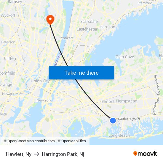 Hewlett, Ny to Harrington Park, Nj map