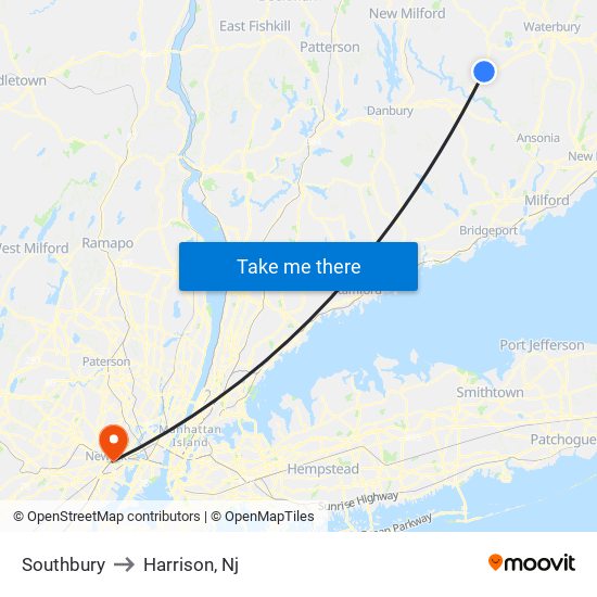 Southbury to Harrison, Nj map