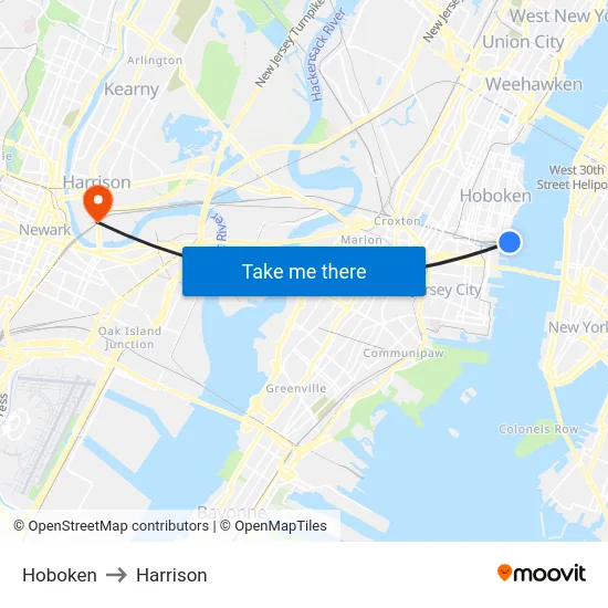 Hoboken to Harrison map