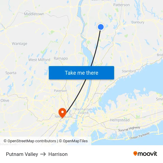 Putnam Valley to Harrison map