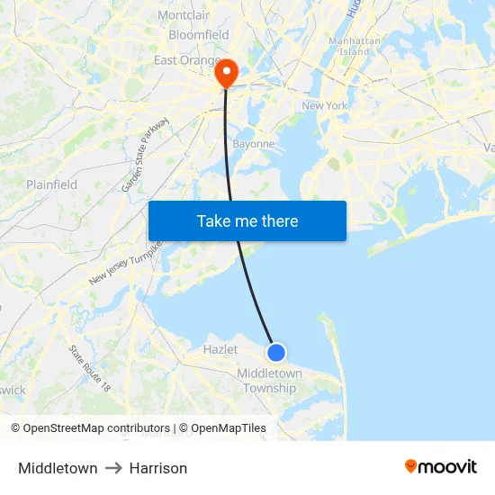 Middletown to Harrison map