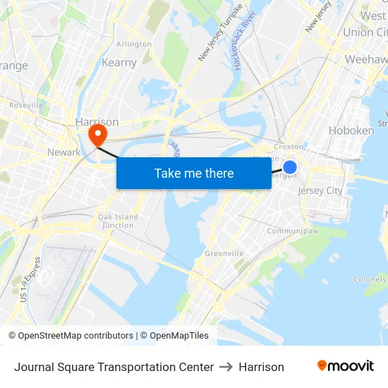 Journal Square Transportation Center to Harrison map
