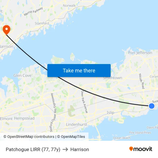 Patchogue LIRR (77, 77y) to Harrison map
