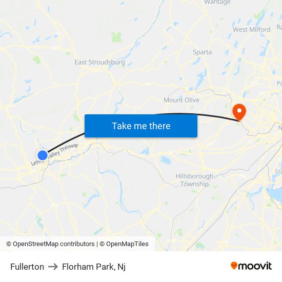 Fullerton to Florham Park, Nj map