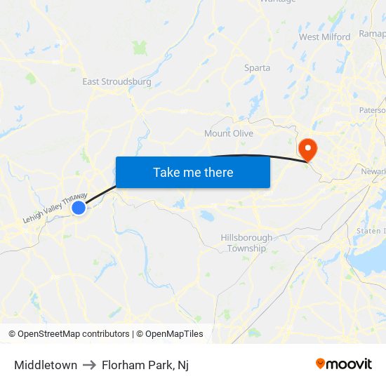 Middletown to Florham Park, Nj map