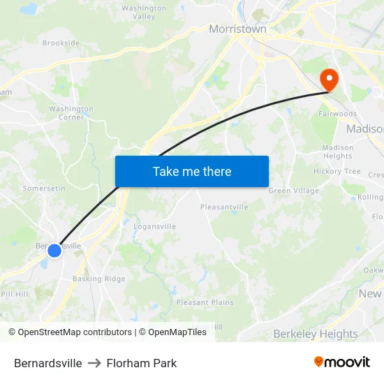 Bernardsville to Florham Park map