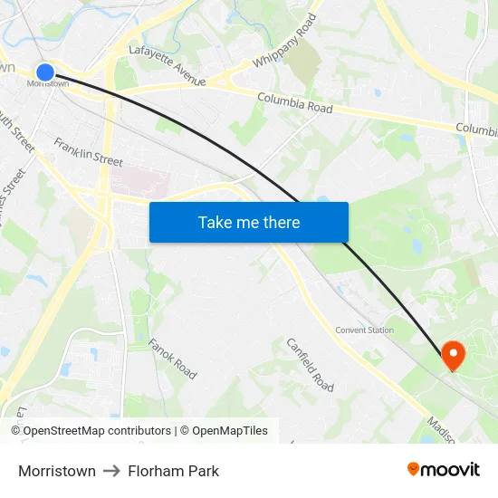 Morristown to Florham Park map