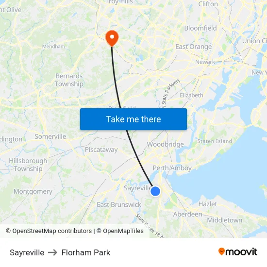 Sayreville to Florham Park map