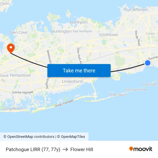 Patchogue LIRR (77, 77y) to Flower Hill map
