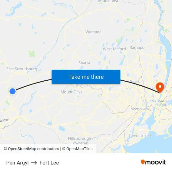Pen Argyl to Fort Lee map