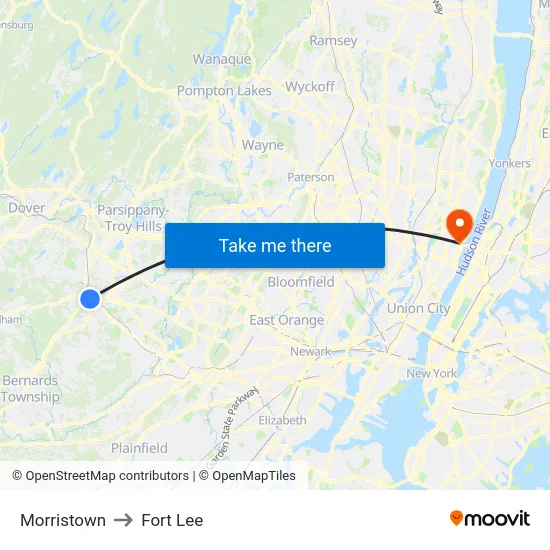 Morristown to Fort Lee map