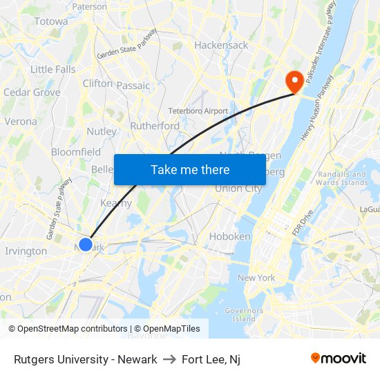 Rutgers University - Newark to Fort Lee, Nj map