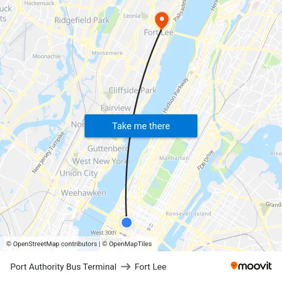 Port Authority Bus Terminal to Fort Lee map