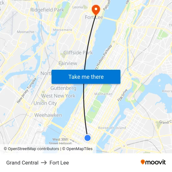 Grand Central to Fort Lee map