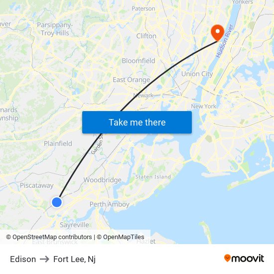 Edison to Fort Lee, Nj map