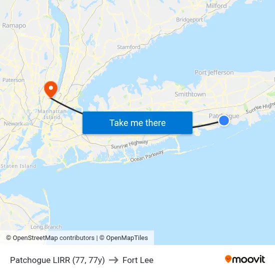 Patchogue LIRR (77, 77y) to Fort Lee map
